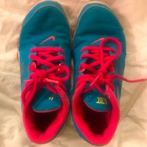 Nike Youth 1 Pink, blue, and lime green check running shoes.